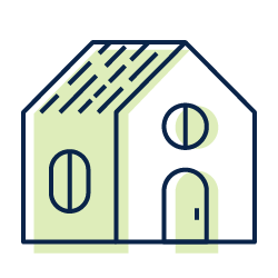 Stylized house icon with blue outline, pale green roof and accents, and two round windows