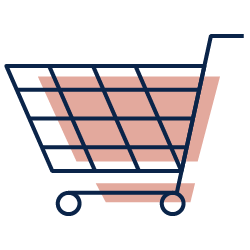 Stylized shopping cart icon in navy and pink with two wheels and a handle