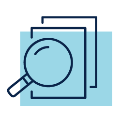Blue magnifying glass over stacked documents on a light blue background
