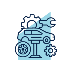 Blue line icon of a car being repaired with gears and wrench