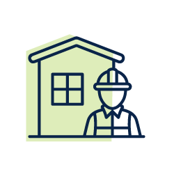 Line icon of a builder in a hard hat standing by a house under construction