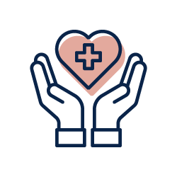 Hands supporting a pink heart with a medical cross icon