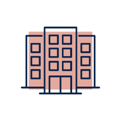 Stylized navy and peach outline of a multi-story building icon