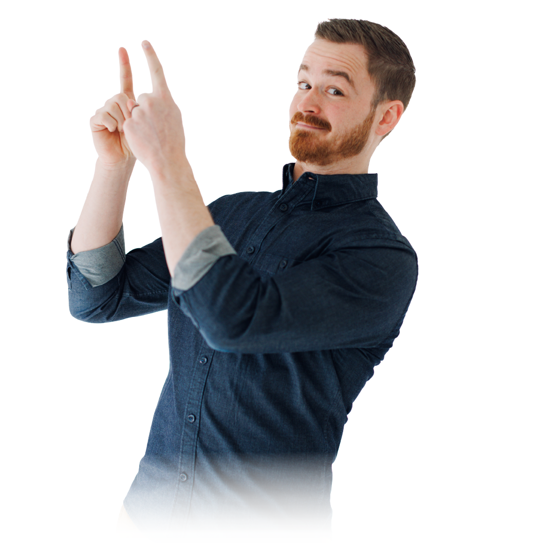 Man in dark shirt pointing upward with both hands against a white background