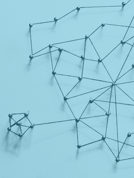 Abstract wireframe network on a light blue background with small geometric nodes and connecting lines