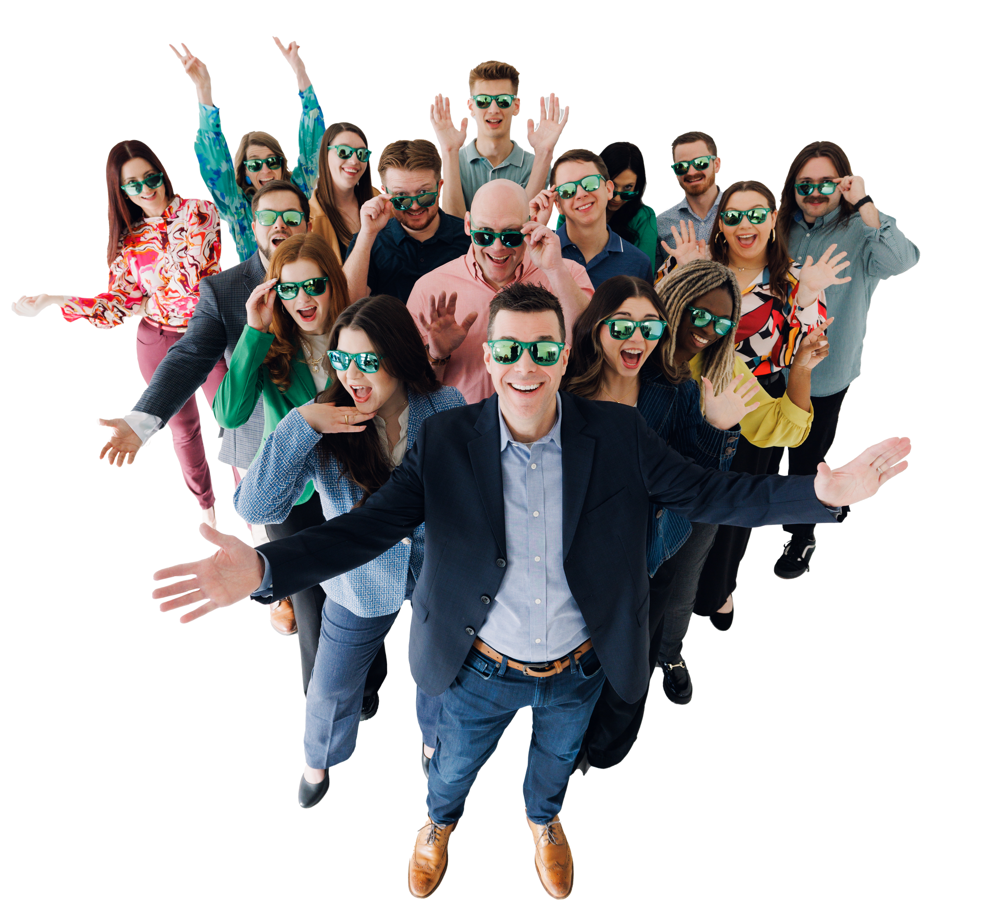 Smiling group of people in sunglasses posing together against a white background