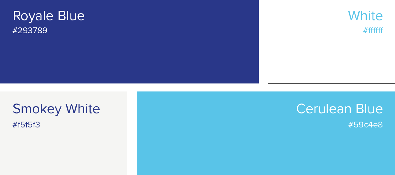 Color swatch palette with Royale Blue, White, Smoky White, and Cerulean Blue blocks