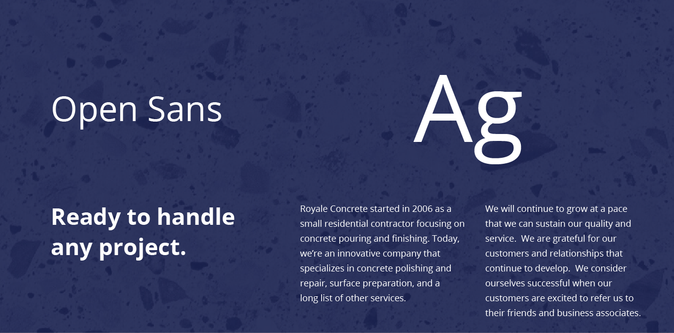 Open Sans font sample on a dark blue background with “Ag” and text blocks.