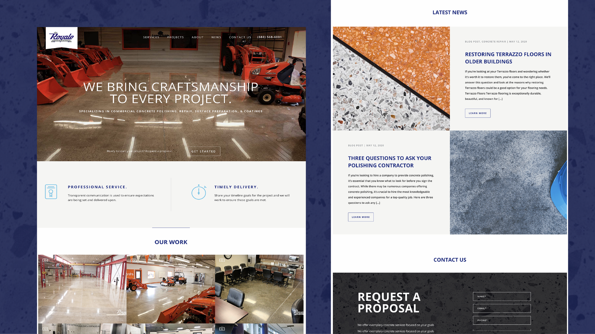 Website mockups with bold hero banners and interior design tiles in white, orange, and blue layout