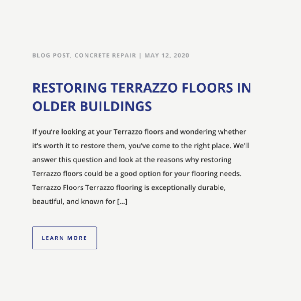 Blog post preview about restoring terrazzo floors in older buildings, with a “Learn more” button