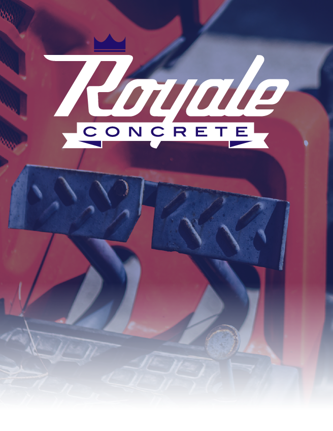 Royale Concrete logo over a red concrete mixer machine background