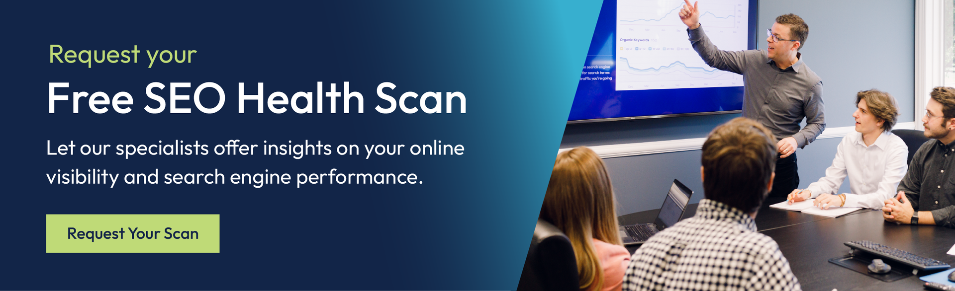 Banner for a free SEO health scan with a presenter speaking to a business meeting audience.