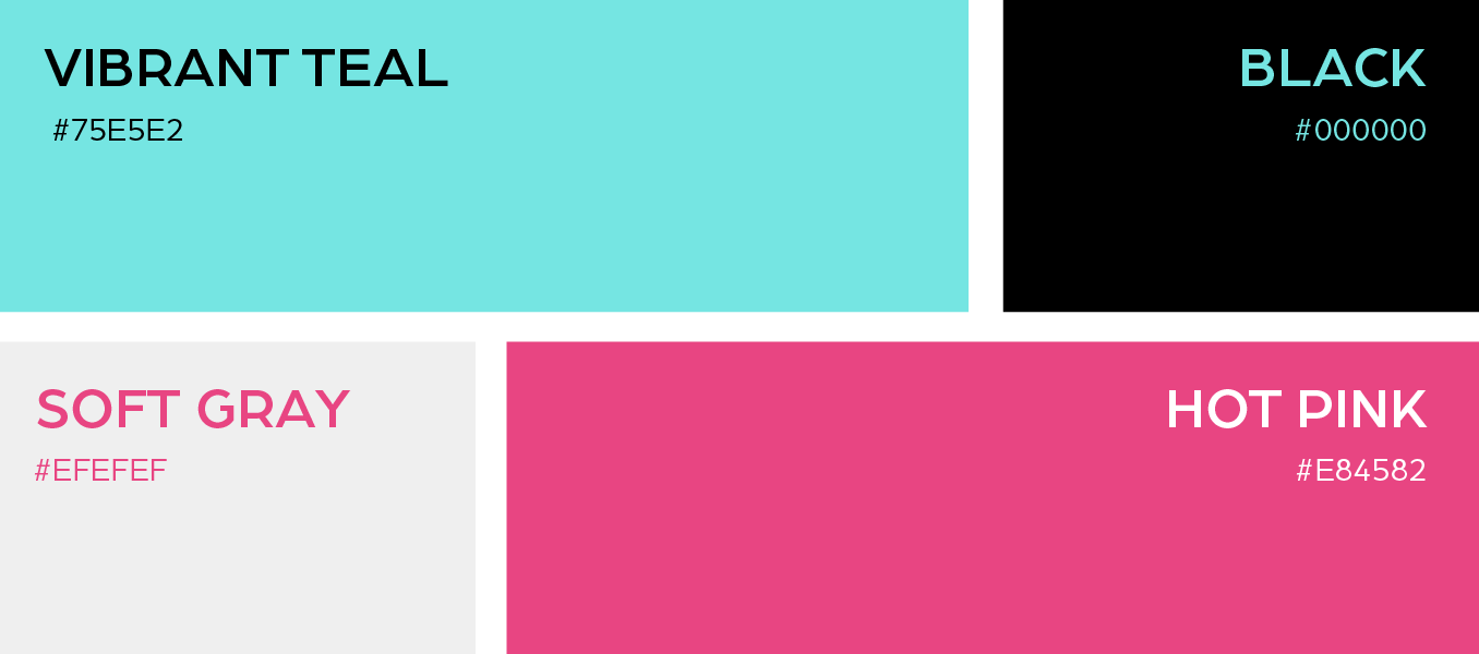 Color palette with vibrant teal, black, soft gray, and hot pink swatches labeled with hex codes