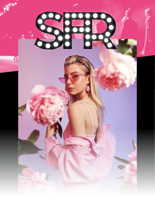 Stylized magazine cover with a woman in pink against a pastel floral background and bold SFR lettering