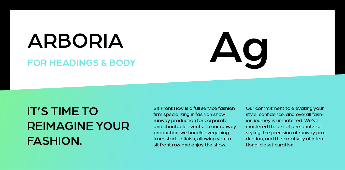 Arboria fashion ad with “Ag” logo, teal and white layout, and text: “It’s time to reimagine your fashion.”