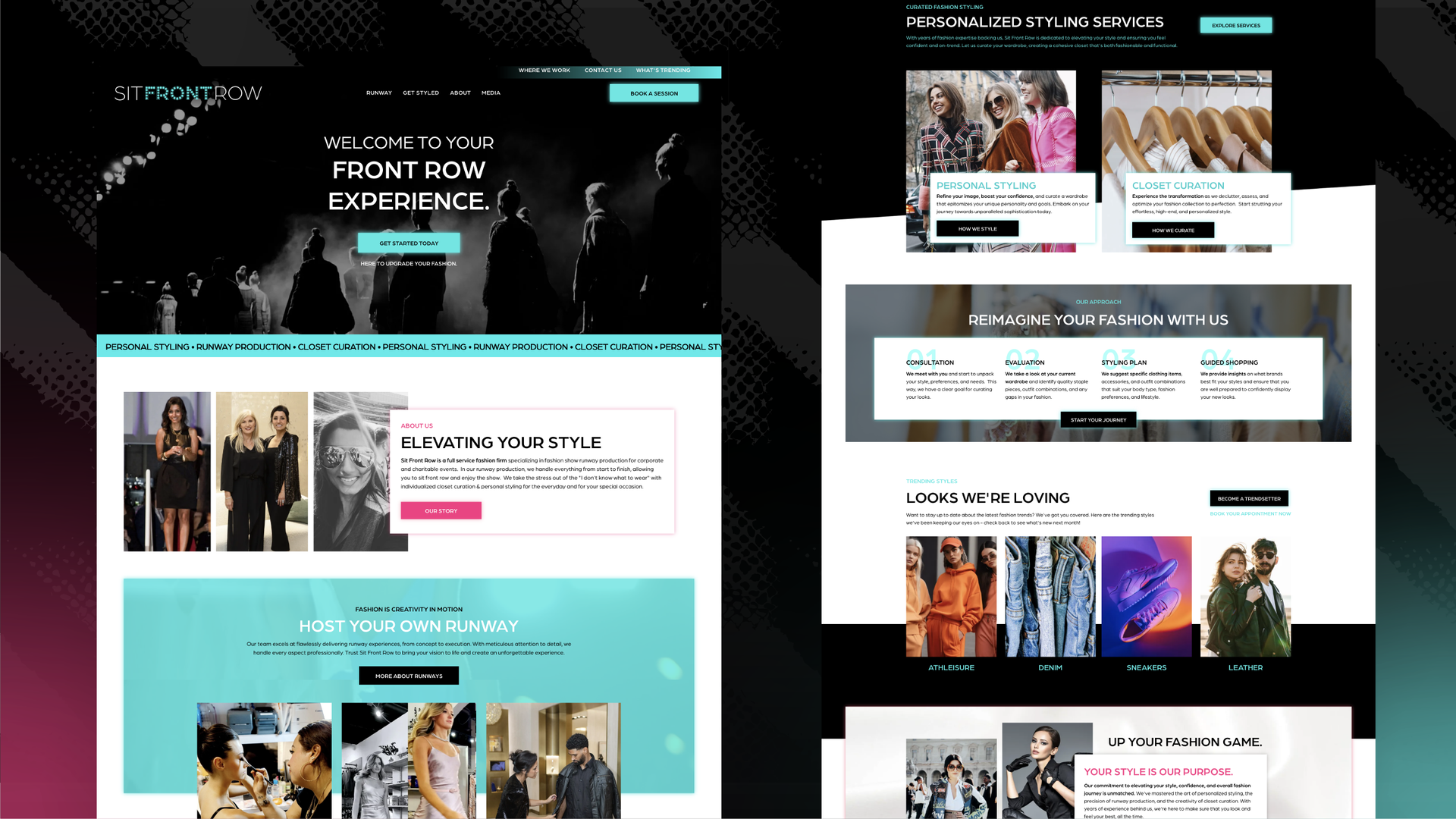 Two website homepage mockups with dark and white layouts, colorful banners, and stacked content sections