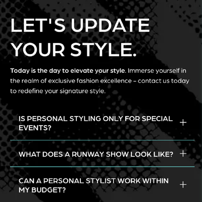 Dark fashion promo page reading “LET’S UPDATE YOUR STYLE” with stylist FAQ questions on black background