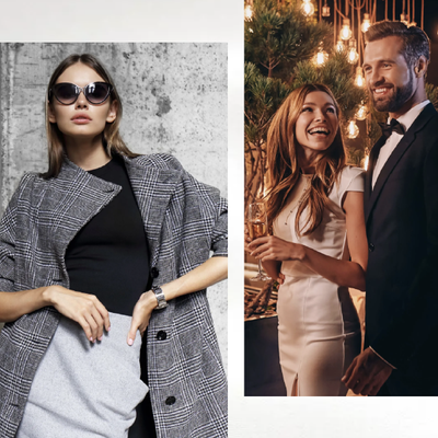 Split image: stylish woman in sunglasses and blazer; smiling couple at a formal evening event