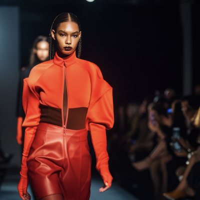 Fashion runway model in bright red-orange outfit walking on a dark catwalk