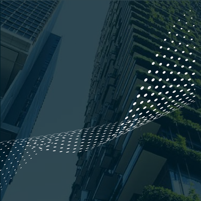 Abstract view of glass skyscrapers with a curved dotted light pattern in blue tones