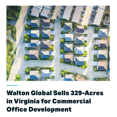 Aerial view of a suburban neighborhood with a headline about Walton Global selling 329 acres in Virginia for office development