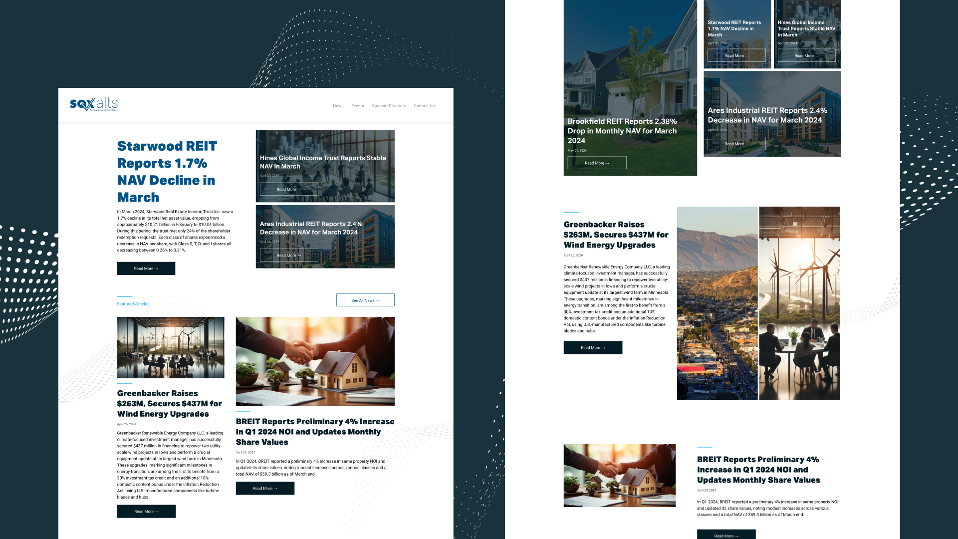 Website mockup showing two travel/news article pages with photo cards and headlines