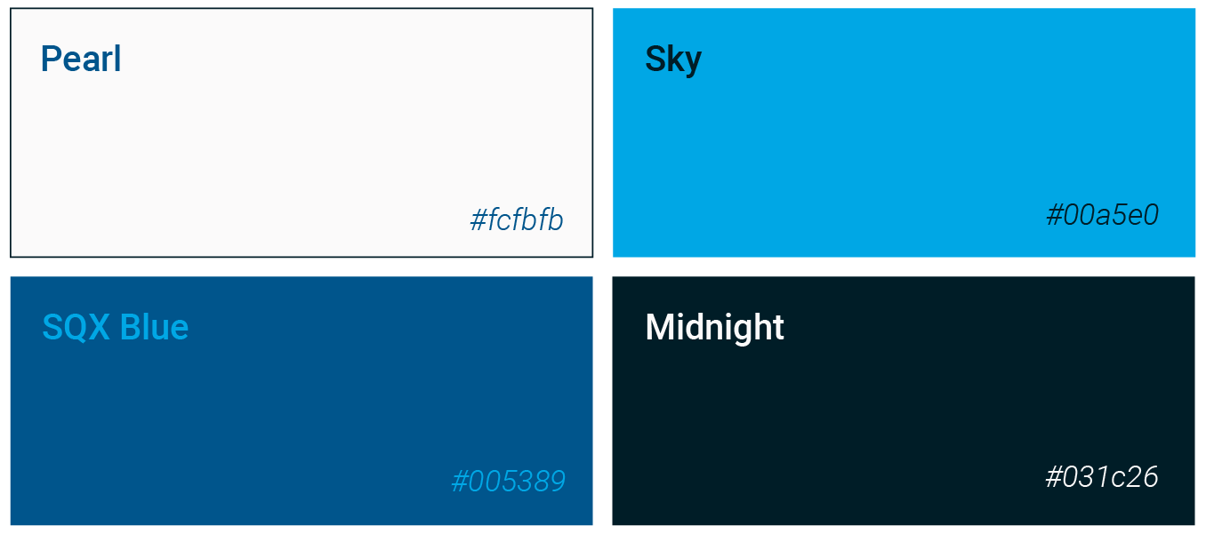Four color swatches labeled Pearl, Sky, SFX Blue, and Midnight on a grid
