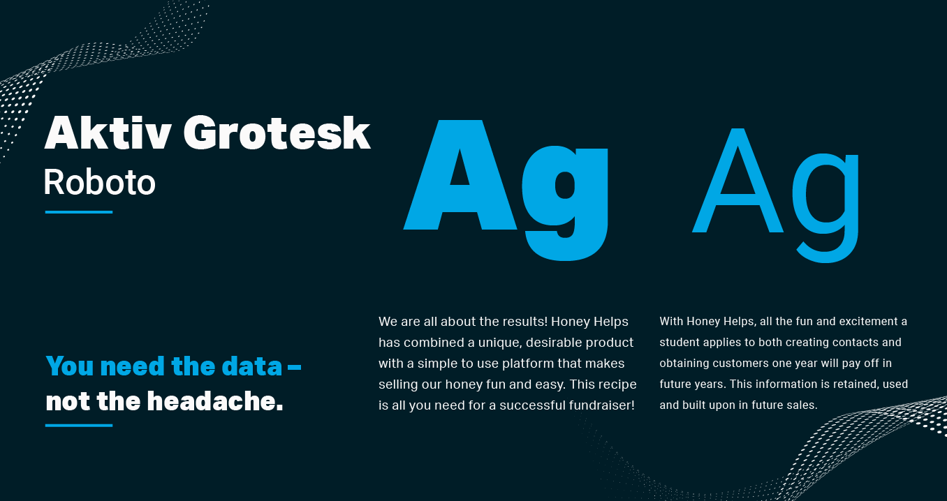 Dark navy poster comparing fonts with large blue “Ag,” “Aktiv Grotesk,” “Roboto,” and “You need the data—not the headache.”