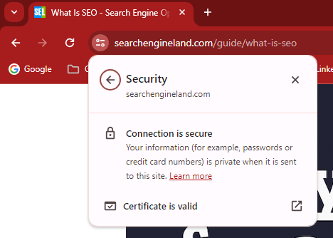 Chrome security popup showing “Connection is secure” and “Certificate is valid” for searchengineland.com