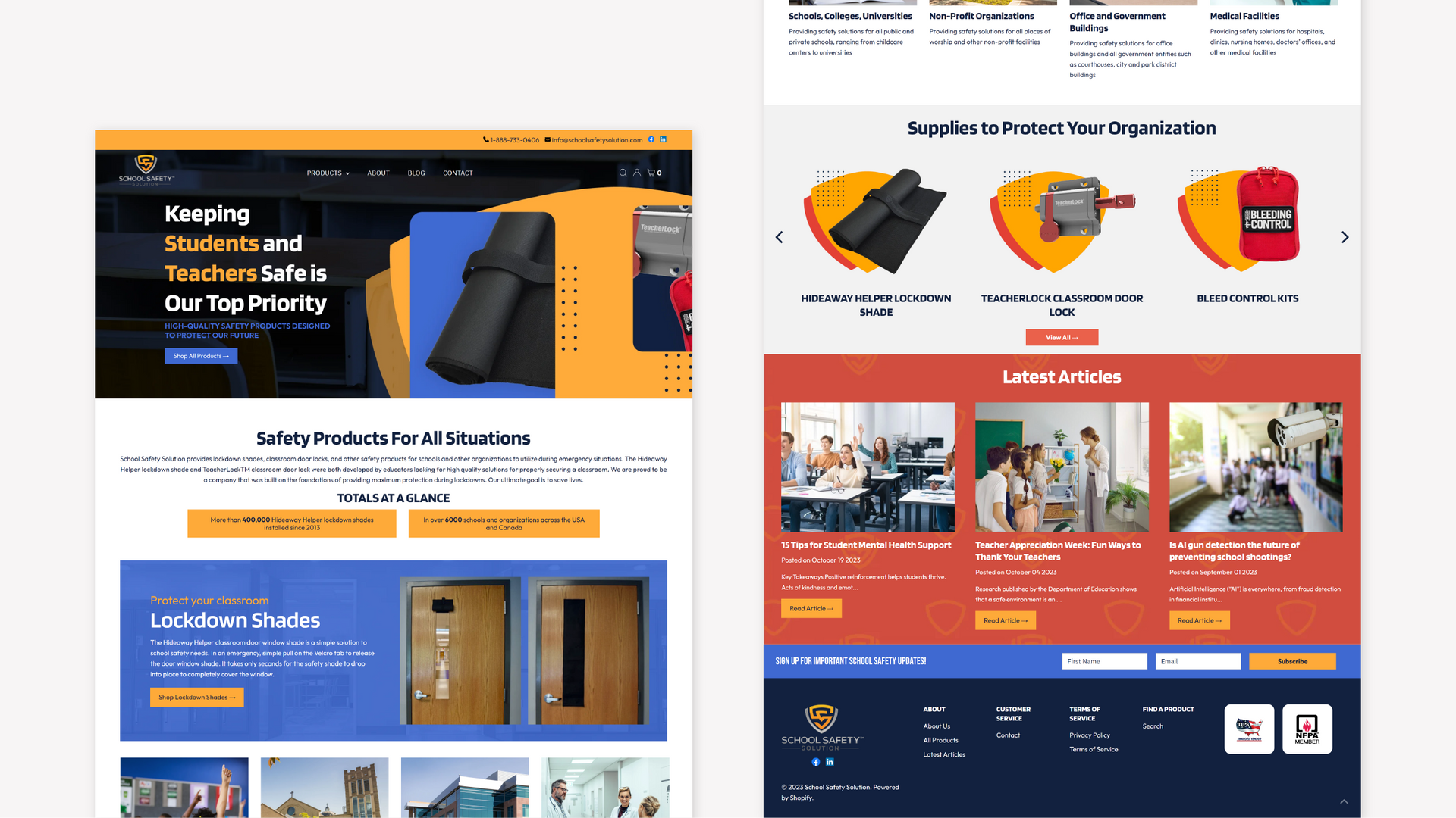 Website screenshots showing a bright orange and blue home page with service icons and product photos on the right.