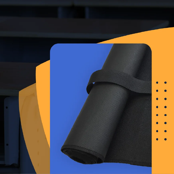 Abstract product graphic with black rolled material on blue and orange panels, with dotted accents