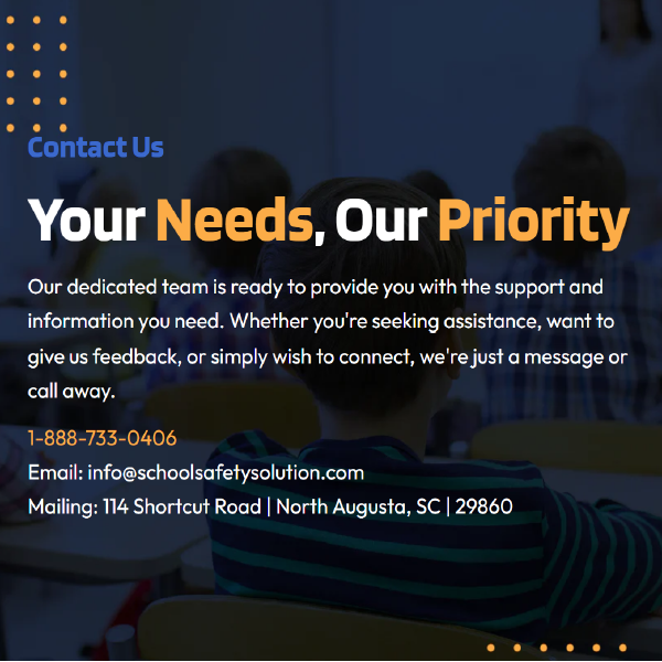 Contact us banner with “Your Needs, Our Priority,” phone, email, and mailing address on dark blue background