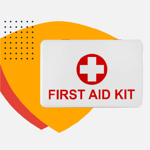 First aid kit icon with red cross on white box over orange shield shape