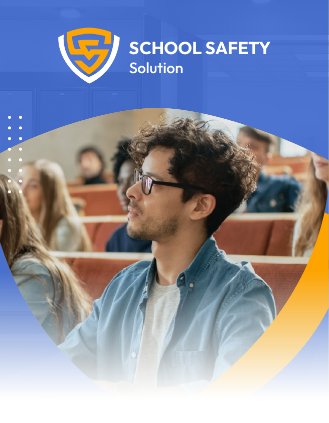School Safety Solution banner with a student in a classroom, blue and gold design