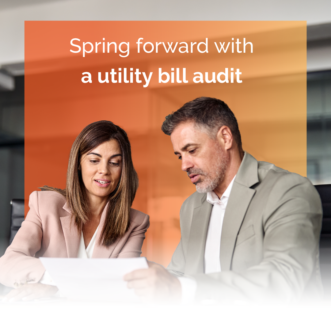 Two people reviewing a utility bill audit, with orange banner text above them