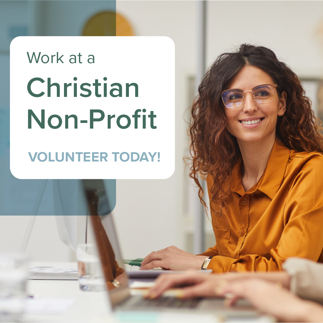 Volunteer recruitment ad with smiling person at a laptop and text: 