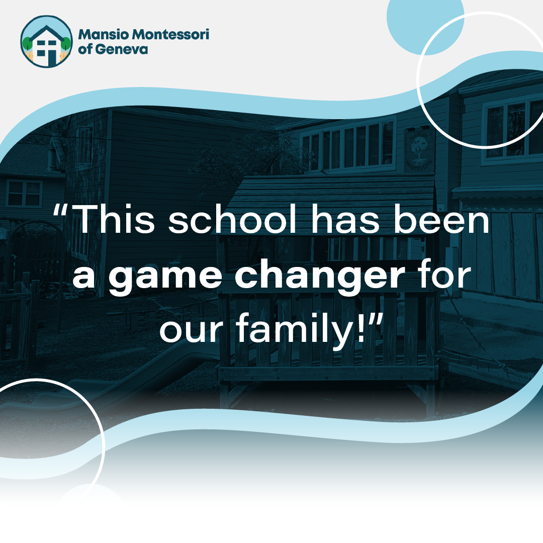 Montessori school ad with quote, “This school has been a game changer for our family!” over a building photo