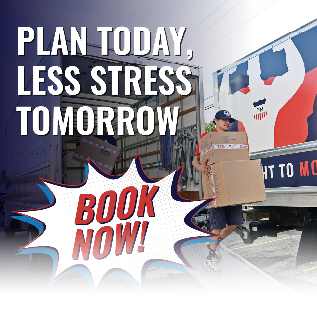 Moving truck with boxes and slogan “Plan today, less stress tomorrow,” plus “Book now!” burst.