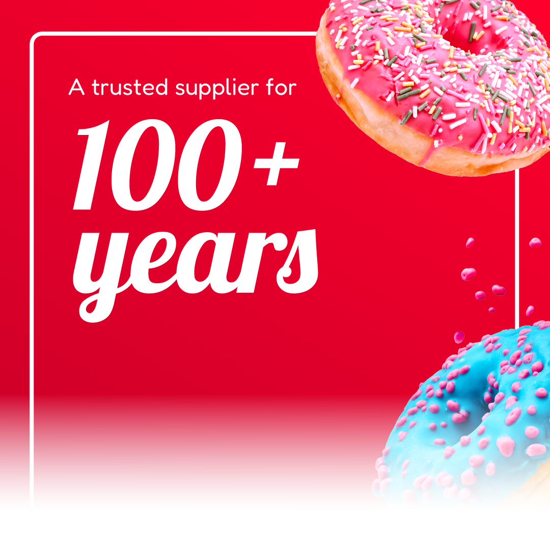A red promo graphic with pink and blue frosted donuts and the text “A trusted supplier for 100+ years”