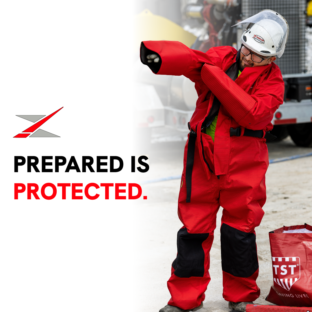 Child in red protective suit and helmet pointing beside text “Prepared is protected.”