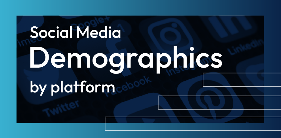 Social media demographics title slide on a blue background with faint social media icons