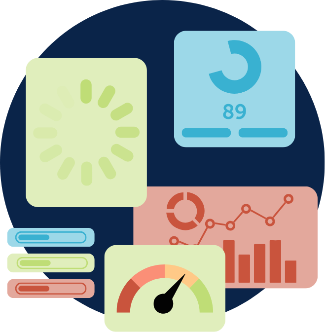 Analytics dashboard icons with charts, gauge, and loading indicators on a dark blue background