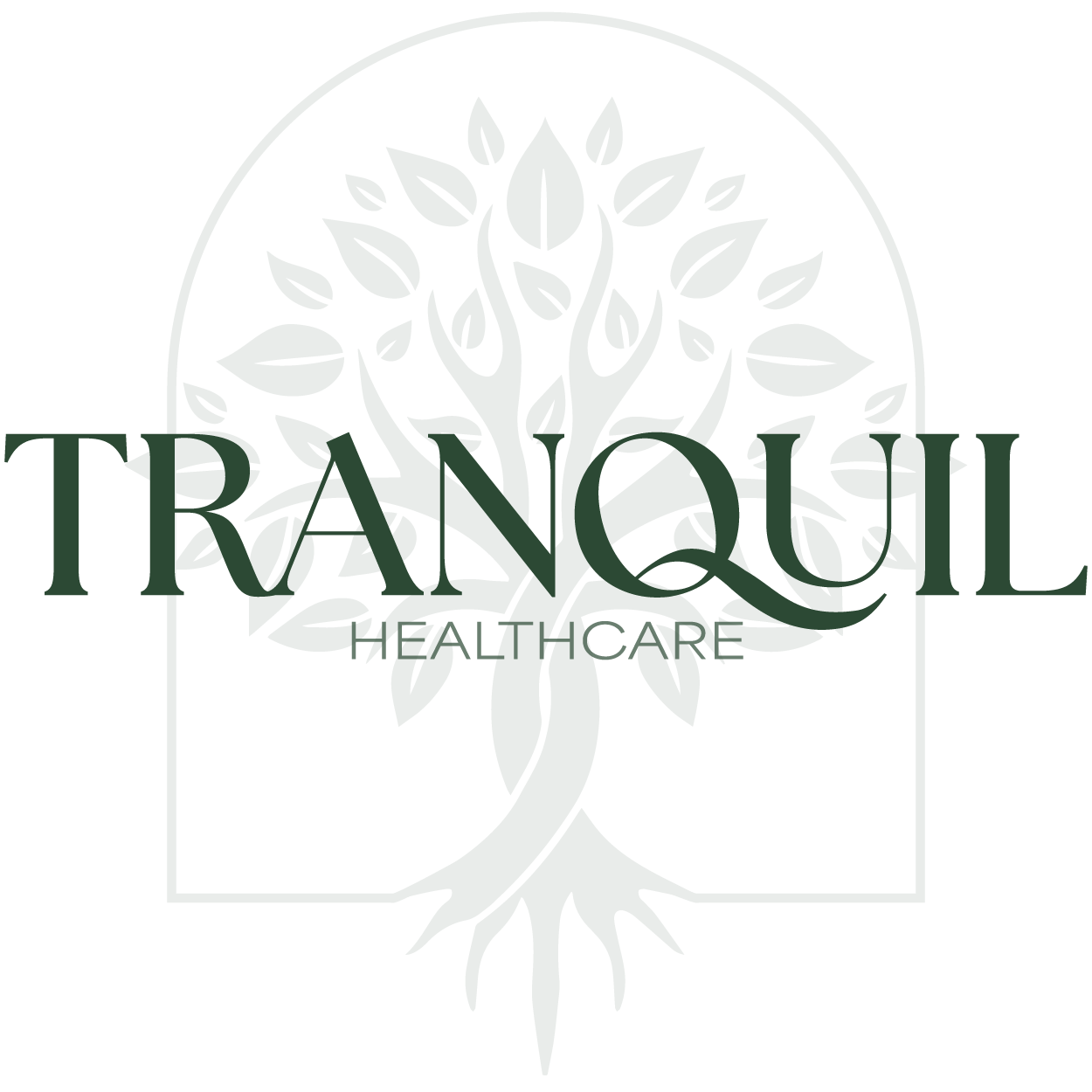 Tranquil Healthcare logo with a gray tree inside an arched outline and green text