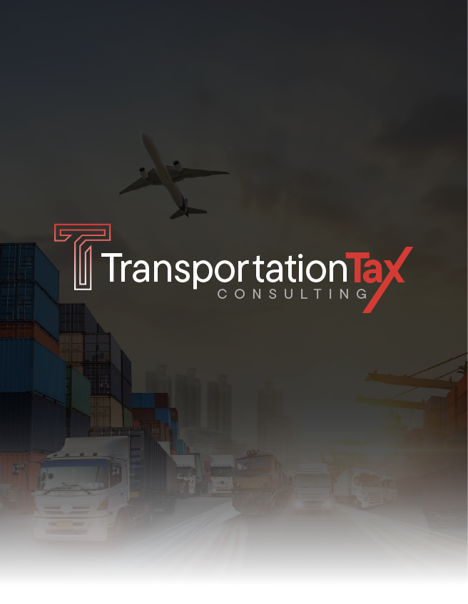 Transportation Tax Consulting logo over a dark cityscape with trucks and an airplane overhead
