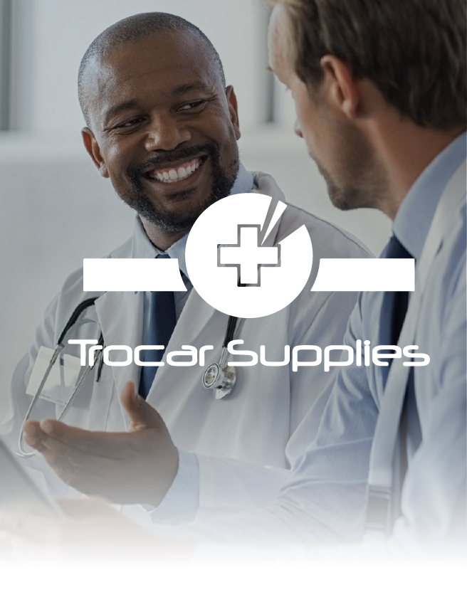 Medical staff talking in a clinic, with the Trocar Supplies logo and text overlaid.