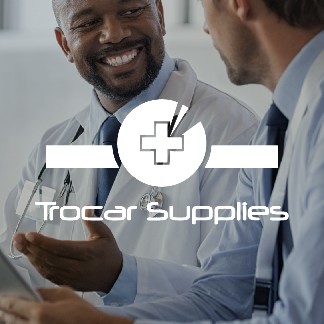 Two professionals in white shirts discussing, overlaid with a white medical cross and “Trocar Supplies” logo.