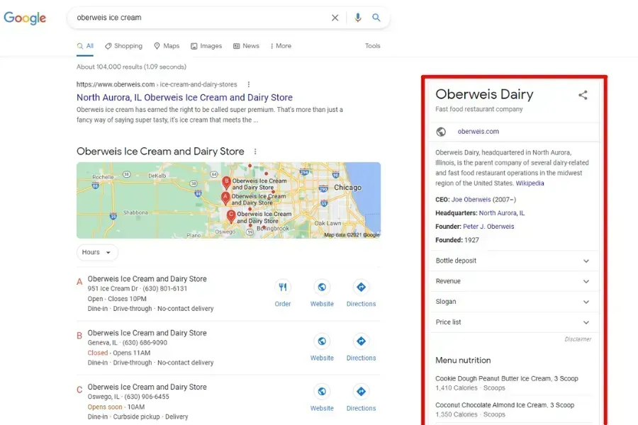 Google search results for “Lemon’s Dairy” with map listings and a highlighted business panel on the right.