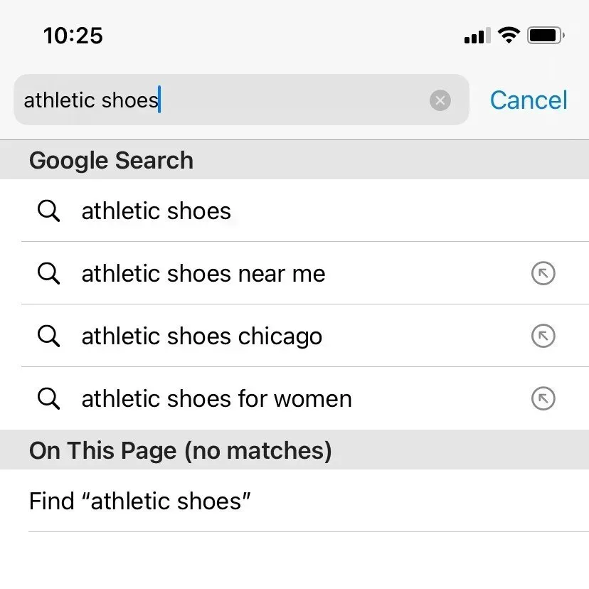 IPhone search screen with “athletic shoes” typed and Google search suggestions below