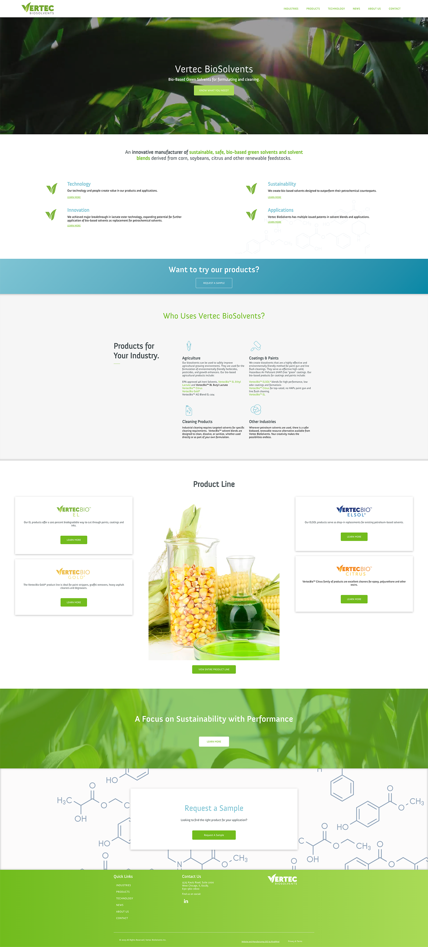 Green eco-themed website homepage with leaf banner, product sections, and a central yellow-green herbal drink image