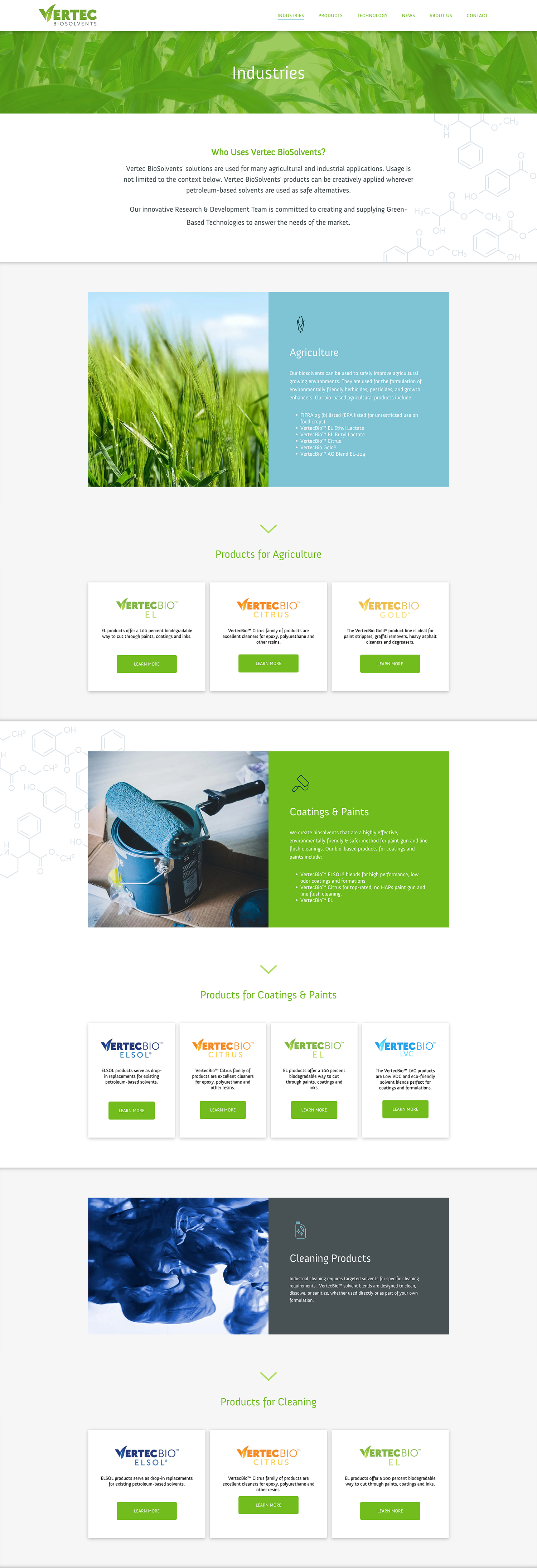 Green-themed webpage with stacked content cards, photos, and text blocks in a clean layout